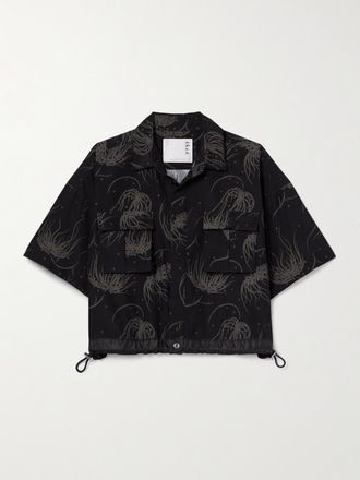 sacai Camicia Cropped In Popeline Stampato Con Finiture In Shell - Nero