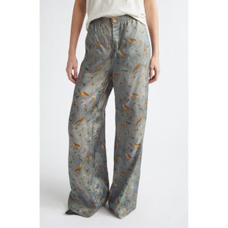 R13 Darcy Elastic Waist Pajama Pants in Gold Bird On Blue at Nordstrom, Size X-Small