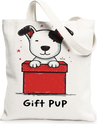 Generic Cute Dog Canvas Tote Bag, Fun Animal Design Reusable Grocery Bags, Lightweight Washable Shoulder Strap Canvas Bags for Shop, White, 13x15 Inch