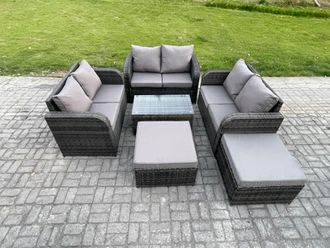 Fimous 8 Seater Garden Furniture Set Rattan Lounge Sofa Chair With Tempered Glass Table Big Footstool Dark Grey Mixed