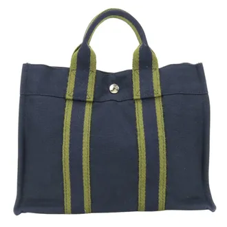 Herm&egrave;s Navy Olive Canvas Tote Bag (Pre-Owned)