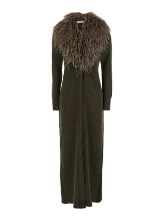 Blumarine Green Long Dress With Removable Feather Collar In Wool Woman