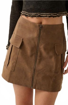 Promesa Fast Track Vegan Leather Front-Zip Cargo Mini Skirt In Brown