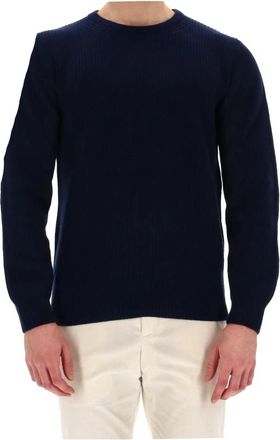 Herno Blauwe Kasjmier Trui met Su&egrave;de Details - Heren - Ronde hals truien - Blauw - M - Kasjmier - Truien & Vesten