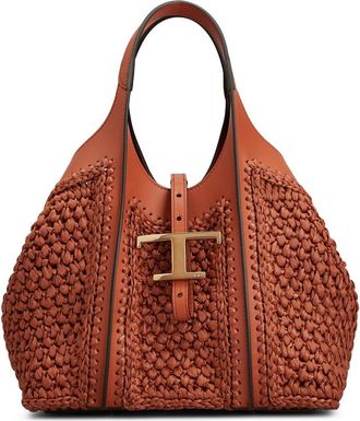 Tod's Mini T Timeless Crochet Raffia & Leather Tote in Mattone/Terracotta at Nordstrom