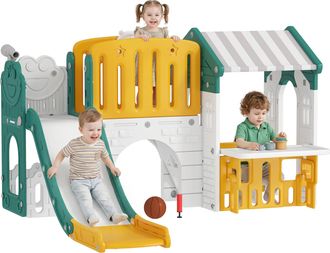 OEM Tobog&aacute;n Infantil 7 En 1 Con Caseta Escalera Aro De Baloncesto T&uacute;nel Pizarra Telescopio Para Interior Amarillo Y Verde