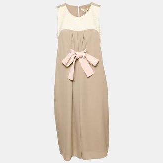 Paule Ka Grey Lace Trim Silk Sleeveless Shift Dress