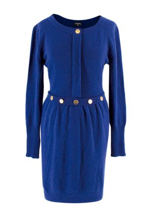 Chanel Blue Cashmere Clover Button Detail Knit Dress Size XS