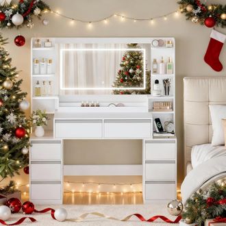 OEM 135cm Toeletta Trucco Con Specchio, Toeletta Con Led E Prese, Grande Tavolo Da Trucco Con Supporto Per Asciugacapelli, 8 Cassetti E Ripiani Aperti, Mo