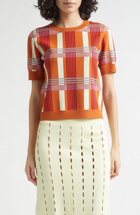 Zankov Leo Jacquard Check Short Sleeve Fitted Sweater in Rust at Nordstrom, Size X-Small
