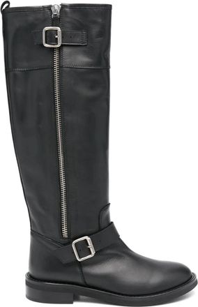 Via Roma 15 Zwarte leren laarzen met rits en gesp - Dames - Hoge Laarzen - Zwart - 39 EU - Schoenen