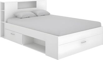 Vente-Unique Cama con cabecero con compartimentos y cajones - 140x190 cm - Color: blanco - LEANDRE
