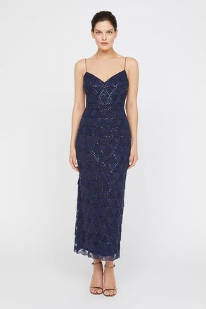 Theia Elsy Textured Tulle Spaghetti Straps Beaded Sheath Dress in Navy at Nordstrom, Size 10