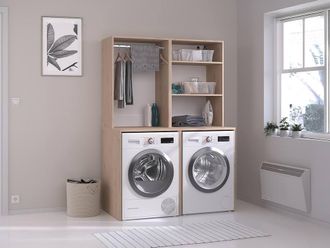 Vente-Unique Furniture for 2 Washing Machines With Wardrobe & Shelves - Light in Light Oak