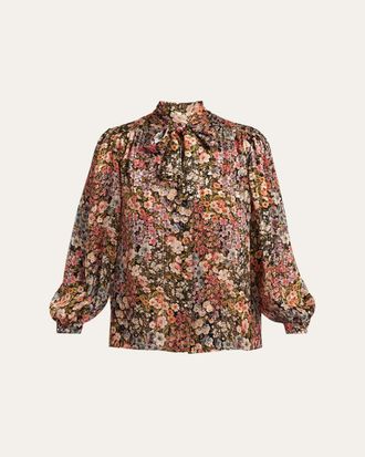 Valentino Garavani Floral Metallic Crinkle Satin Bow-Neck Blouse