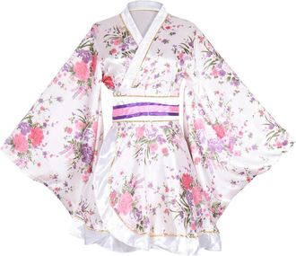 Generic Womens Sexy Short Kimono Costume Adult Japanese Geisha Yukata Prints Gown Blossom Fancy Dress with OBI Belt (White, One Size)
