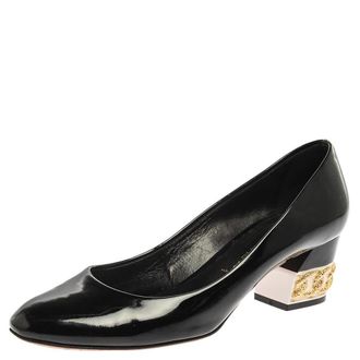 Casadei Black Patent Leather Chain Embellished Block Heel Pumps