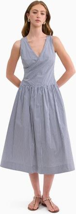 Rebecca Taylor Joselene Poplin Wrap Dress in Navy Stripe at Nordstrom, Size 12