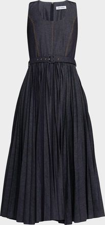 Dice Kayek Sleeveless Pleated Denim Midi Dress With Belt