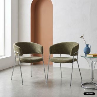 Sweeek Sill&oacute;n vintage de tela con estructura cromada, set de 2, verde kaki