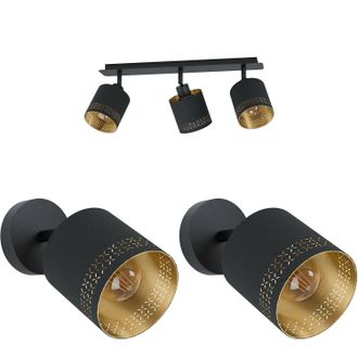 Loops Ceiling Spot Light & 2x Matching Wall Lights Black Gold Pattern Adjustable Lamp
