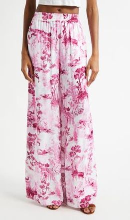 L'agence Ivy Wide Leg Pull-On Pants in White/Pink Porcelain Toile at Nordstrom Rack, Size Medium