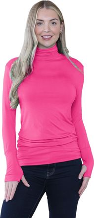 Janisramone Plain Long Sleeve Gym Tops Women with Thumb Hole and High Polo Neck, Plain Stretch Running Top Womens, Pull Over Soft Yoga Tops for Women UK Cerise
