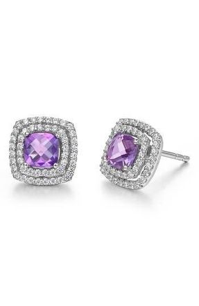 Lafonn Semiprecious Stone & Simulated Diamond Double Halo Cushion Stud Earrings in White/Amethyst at Nordstrom Rack