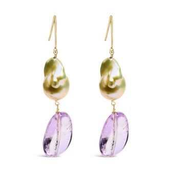 House of Brilliance 14K Yellow Gold Amethyst and Baroque Pearl Drop and Dangle Earrings 2 Inch Dangle Length