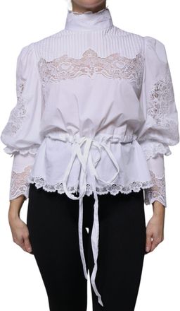 Dolce & Gabbana White Cotton Lace Trim Turtleneck Blouse Womens Top (Pre-Owned)