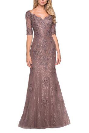 La Femme Floor Length Lace Dress with Rhinestone Accents in Cocoa at Nordstrom, Size 14