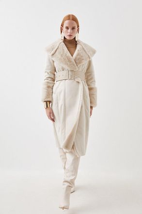 Karen Millen Tall Faux Shearling Collar & Cuff Belted Long Coat