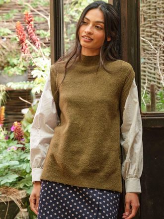Fat Face FatFace Ana Khaki Green Knitted and Woven 2in1 Top