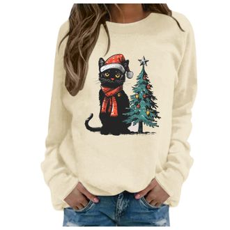 Generic Christmas Jumpers Christmas Cat Sweatshirts Black Cat Xmas Lights Shirt Crewneck Holiday Pullover Sweater Long Sleeve Pullover Blouse Crew Neck Oversi