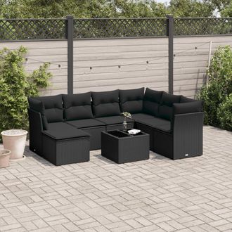 vidaXL Set De Sof&aacute;s De Jard&iacute;n 8 Piezas Y Cojines Rat&aacute;n Sint&eacute;tico Negro Vidaxl