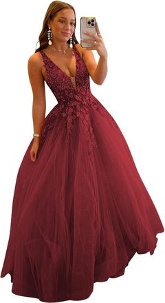 Generic Lace Applique Quinceanera Dress Deep V-Neck Backless Prom Dresses Long Tulle Sweet 16 Dress Formal Gowns for Teens Wine Red