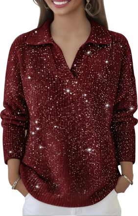Generic Polo Neck Sparkle Jumpers for Women UK Glitter Star Print Sweater Long Sleeve Elegant Ladies Jumper Casual Loose Sweatshirts Knit Pullover Tops Shiny 