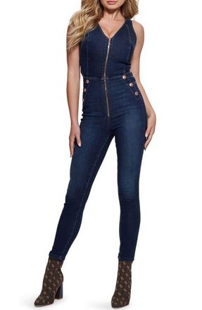 Guess Reina Back Cutout Sleeveless Denim Jumpsuit in Plume Dark at Nordstrom, Size 25 X 28