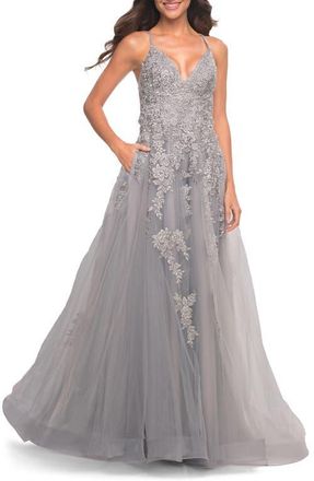 La Femme Tulle Prom Dress with Lace Detail in Silver at Nordstrom, Size 10