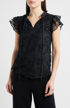 Anne Klein Ruffle Sleeve Lace Top in Anne Black at Nordstrom, Size X-Small