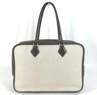 Herm&egrave;s Plume Beige Brown Toile H Gulliver Leather Handbag Tote Bag (Pre-Owned)