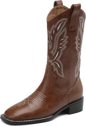 Generic Womens Knee-High PU Leather Cowboy Boots Embroidered Design Pull Tab Square Toe Low Block Heels Slip On Soft Lining Cushioned Insole Durable Outsole,B