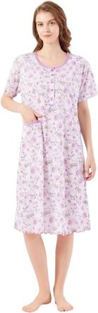 Generic Women Nightwear Floral Print 100% Cotton Short Sleeve Long Nightdress M to 3XL (Light Blue, L)