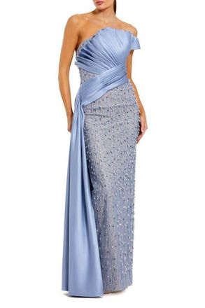 Mac Duggal Beaded Lace Strapless Gown With Pleated Satin Top in Fusion Blue at Nordstrom, Size 4