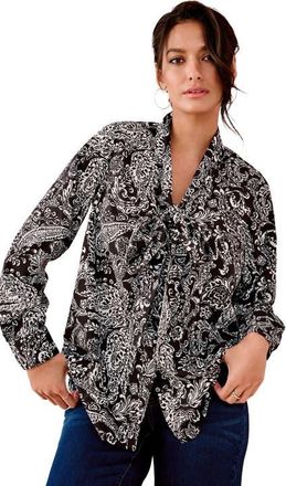 Roaman's Long Sleeve Bow Blouse in Black Ivory Paisley at Nordstrom, Size 34