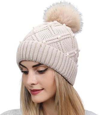 Generic Womens Warm Winter Hat Woolly Knitted Beanie with Detachable Chunky Faux Fur Bobble Pom Pom Beige