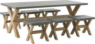 Beliani Conjunto De Comedor Para Jard&iacute;n De Cemento Reforzado Gris Con Patas De Madera De Acacia Para 6 Personas Mesa Con 6 Taburetes Olbia
