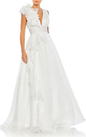 Mac Duggal Ruffle Shoulder V-Neck Chiffon Gown in White at Nordstrom, Size 14