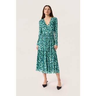 Soaked In Luxury Slaldora V-Neck Mesh Long Sleeve Dress in Green Brushed Floral at Nordstrom, Size Xx-Large