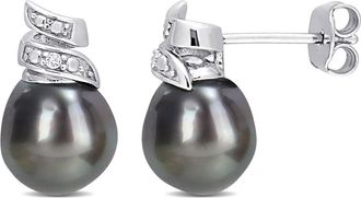 Amour 8-9mm Black Tahitian Cultured Pearl and Diamond Accent Swirl Stud Earrings In Sterling Silver